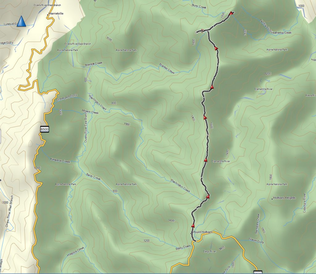 This is the full track from Damantina Hut to Federation Hut, Mt Feathertop and return (note the errors in the map locations for Mt Hotham and Hotham Heights!)